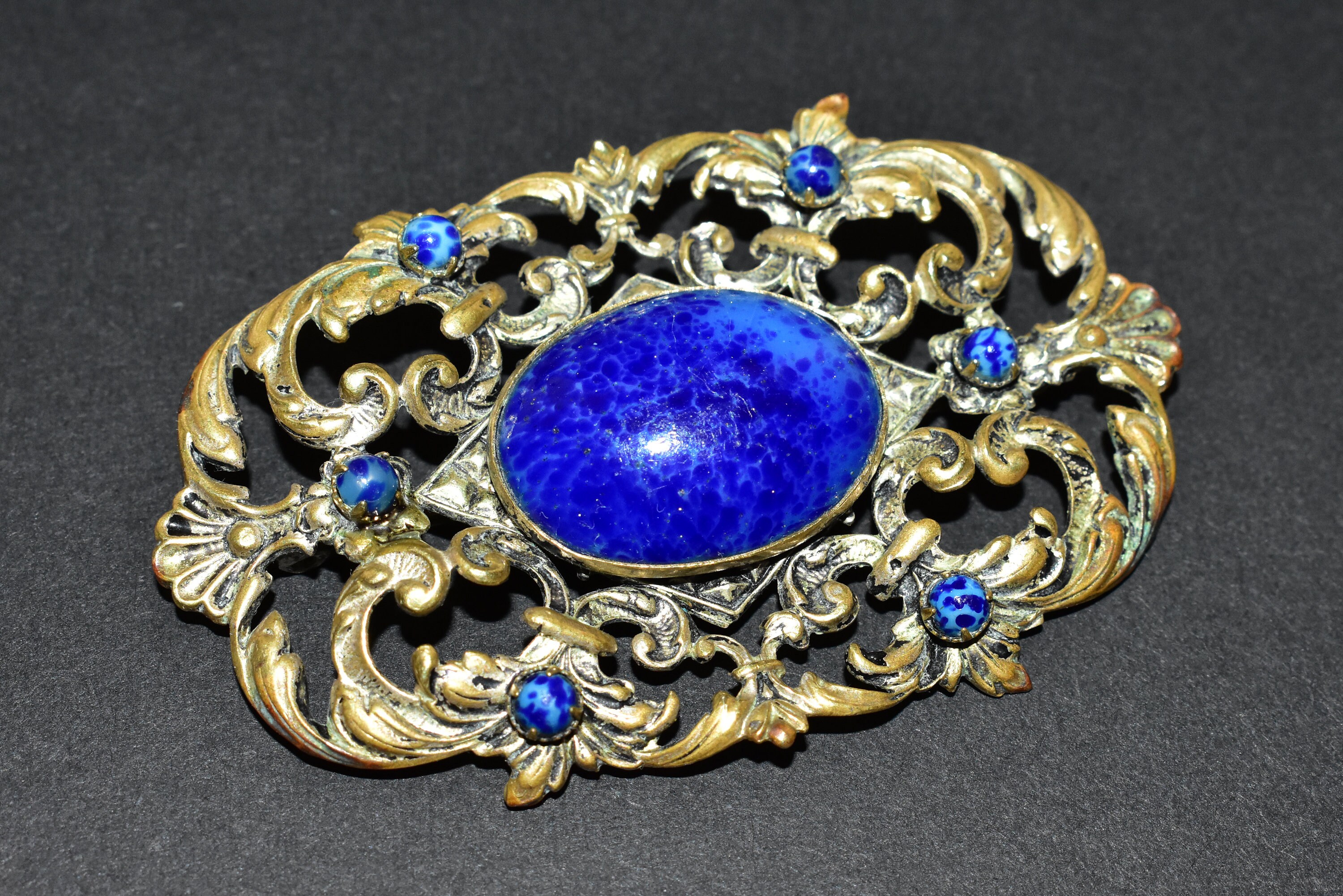 Art Deco Czech Blue Lapis Lazuli Glass Gold Coloured Brass Flowers Vintage Brooch c1920s Etsy