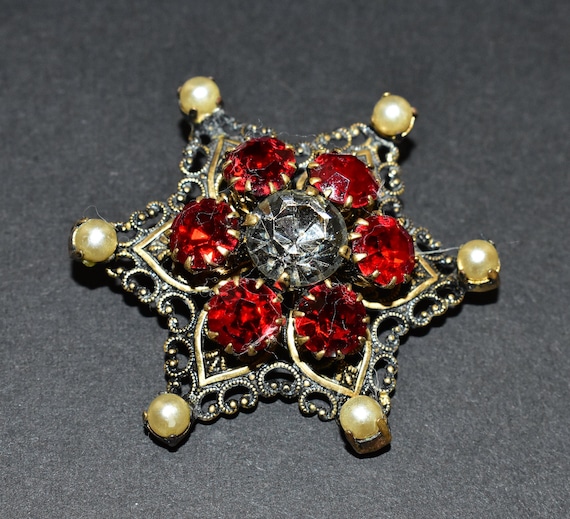 Czech Sparkly Red and Clear Glass Faux Pearl Gold… - image 3