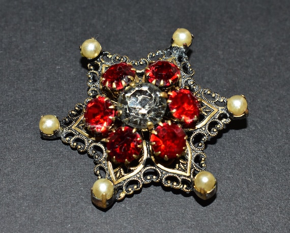 Czech Sparkly Red and Clear Glass Faux Pearl Gold… - image 9