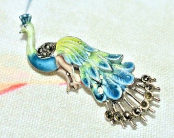 Sterling Silver Antiqued Green/Red/Blue Epoxy Marcasite Peacock Slide 