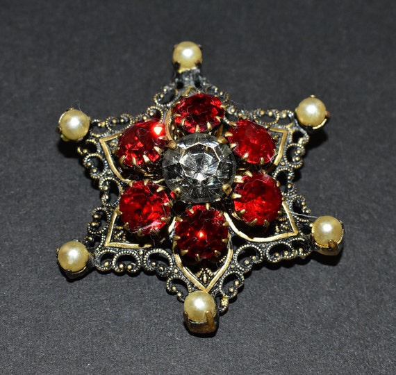 Czech Sparkly Red and Clear Glass Faux Pearl Gold… - image 1