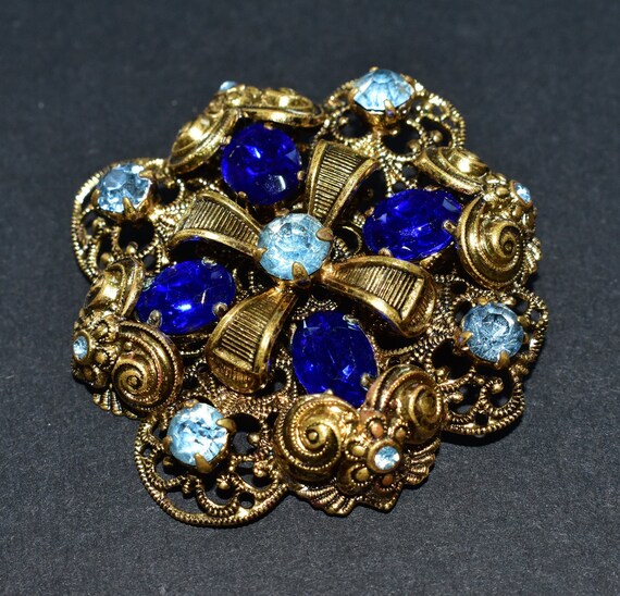Art Deco Czech Sparkly Blue Glass Gold Coloured B… - image 3