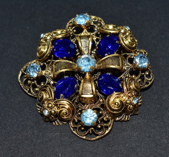 Art Deco Czech Sparkly Blue Glass Gold Coloured B… - image 1