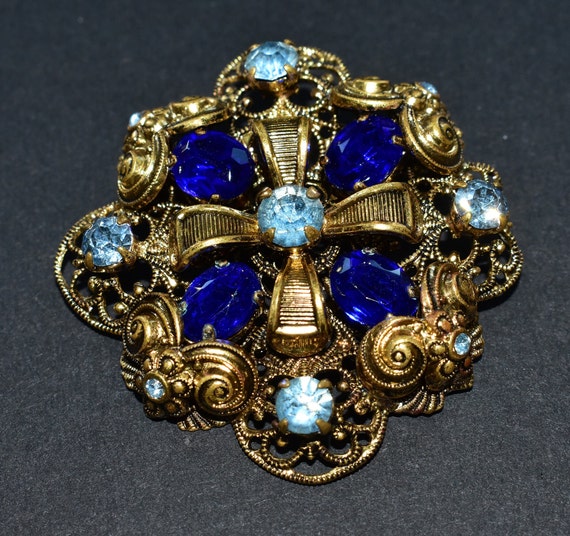 Art Deco Czech Sparkly Blue Glass Gold Coloured B… - image 10