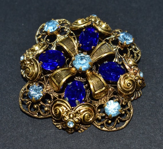 Art Deco Czech Sparkly Blue Glass Gold Coloured B… - image 2