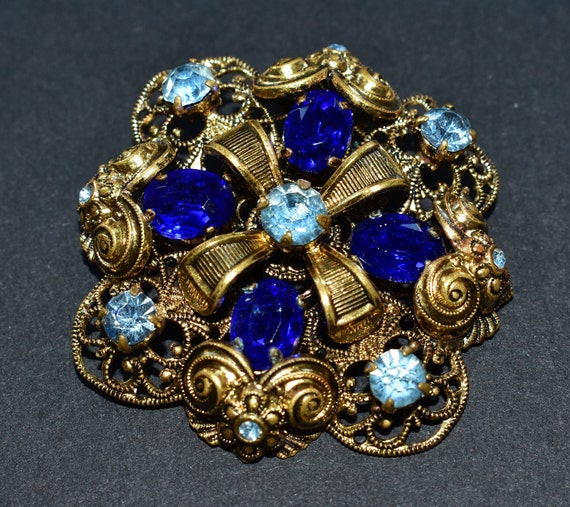 Art Deco Czech Sparkly Blue Glass Gold Coloured B… - image 4