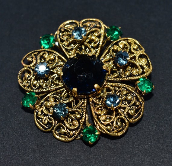 Art Deco Czech Sparkly Blue Green Glass Gold Colo… - image 10