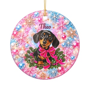 Adorno navideño de cerámica personalizado con forma de perro salchicha de pelo liso, recuerdo de doble cara, rosa y azul.