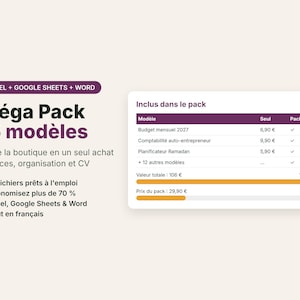 May include: A digital product bundle featuring 15 templates for Excel, Google Sheets, and Word. The graphic displays a list of financial and organizational tools, including a 2027 monthly budget, accounting, and Ramadan planner.