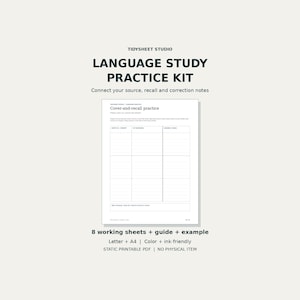 May include: A digital language study practice kit from Tidysheet Studio featuring a cover-and-recall practice worksheet. The document includes a grid layout for source, recall, and correction notes, plus 8 working sheets, a guide, and an example.