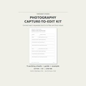 Może przedstawiać: Zestaw do edycji zdjęć zawierający dokument do druku z tytułem Tidysheet Studio Photography Capture-to-Edit Kit. Strona zawiera tabelę z notatkami dotyczącymi ujęć oraz mapą plików z odpowiednimi wierszami.