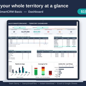 SavvySmartCRM Basic, Simple Excel CRM Template, Territory Account Tracker, Sales Visit Log, Pipeline Dashboard, Google Sheets