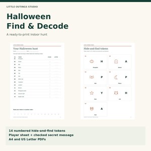 Halloween Scavenger Hunt Printable: 14 Indoor Tokens and Secret Message, Kids Party Game, A4 and US Letter PDF