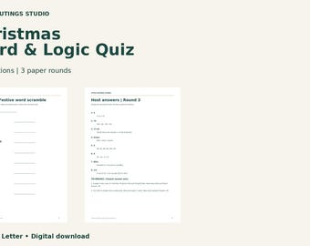 May include: A Christmas Word & Logic Quiz digital download featuring 24 questions across 3 paper rounds. The document includes a Festive word scramble page and a Host answers page for Round 3, formatted for A4 and US Letter paper sizes.
