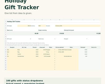 Christmas Gift Tracker for Google Sheets: Holiday Budget, Shopping List and Wrapping Status, 100 Gifts