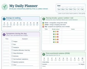 Könnte beinhalten: Ein My Daily Planner Blatt für Myalgische Enzephalomyelitis und Long Covid. Das weiße Dokument enthält Abschnitte für Energieniveaus, tägliche Symptome, Pausen mit grünen, gelben und roten Indikatoren sowie zur Nachbelastungsmüdigkeit.