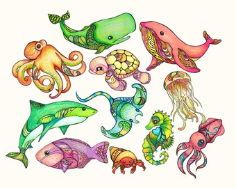 Ocean, creatures, beach, nursery decor, animals, tropical, Hawaii, art print