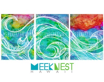 High tide Low tide art print set, set of 3 prints, each is 5x7", waves, surf art, ocean, Hawaii