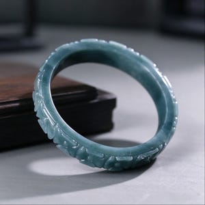 Natural Grade A Jadeite Bangle - Hand-Carved Lotus Flower Design