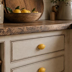 May include: Three yellow lemon-shaped cabinet knobs attached to a set of off-white wooden drawers. Each knob is textured to resemble the skin of a real lemon and is centered on the front panel of each drawer, providing a bright contrast.