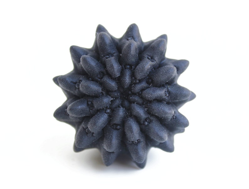May include: A black, spiky, star-shaped object with a textured surface.