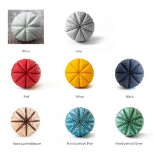 May include: A collection of eight spherical, ribbed objects resembling sea urchins, displayed in various colors including white, gray, red, yellow, black, hand-painted brown, hand-painted blue, and hand-painted green, each with a textured surface.