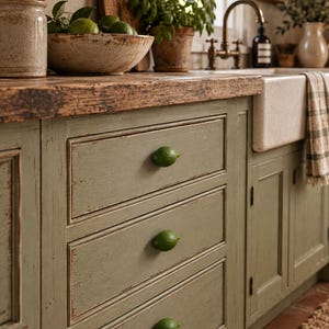 May include: A set of three sage green wooden kitchen drawers featuring realistic lime-shaped knobs. The drawers have a distressed finish with visible wood grain and are installed in a kitchen cabinet unit with a natural wood countertop surface.