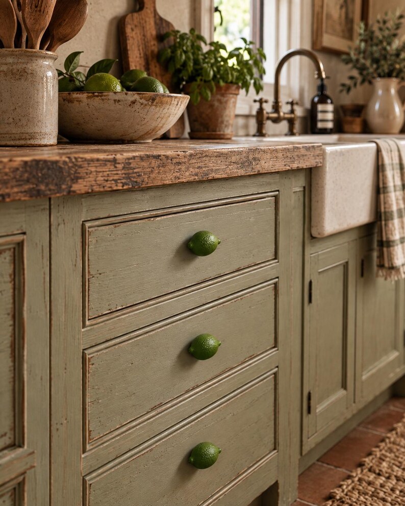 May include: A set of three sage green wooden kitchen drawers featuring realistic lime-shaped knobs. The drawers have a distressed finish with visible wood grain and are installed in a kitchen cabinet unit with a natural wood countertop surface.