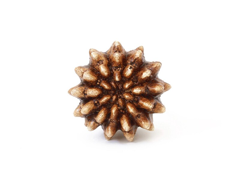 May include: A circular, star-shaped decorative knob with a textured, spiky surface. The object features a metallic bronze finish with lighter, cream-colored highlights on the tips of the spikes, creating a dimensional, radial pattern.