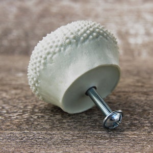 May include: White ceramic cabinet knob with a textured surface resembling a sea urchin. The knob has a silver screw.