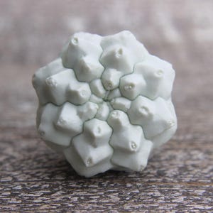 May include: A pale mint green, multi-faceted geometric object with a symmetrical, star-like radial pattern. The surface features numerous raised, rounded protrusions arranged in concentric layers that spiral toward a central point.
