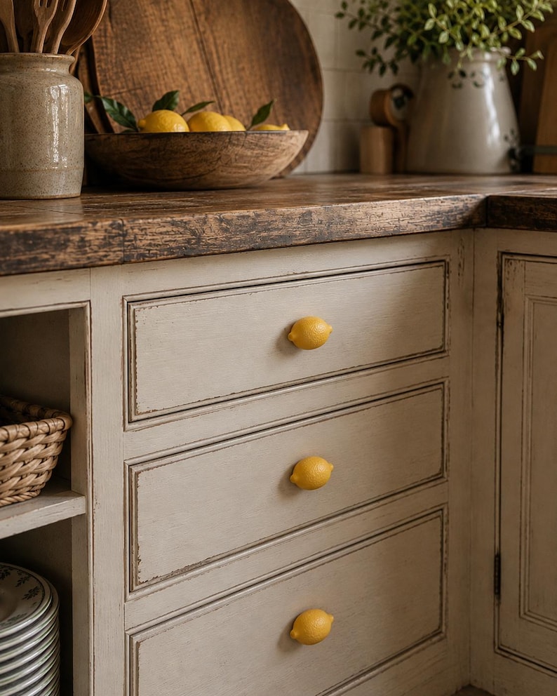 May include: Three yellow lemon-shaped cabinet knobs attached to a set of off-white wooden drawers. Each knob is textured to resemble the skin of a real lemon and is centered on the front panel of each drawer, providing a bright contrast.