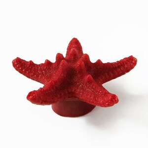 Puede incluir: Un tapón de botella con forma de estrella de mar roja. El tapón tiene una superficie texturizada y está montado sobre una pequeña base redonda. La estrella de mar tiene cinco brazos y es de un tono rojo vibrante.