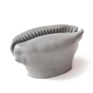 May include: A gray, smooth, and slightly textured seashell with a rounded shape. The shell is open on one side, revealing the inside.