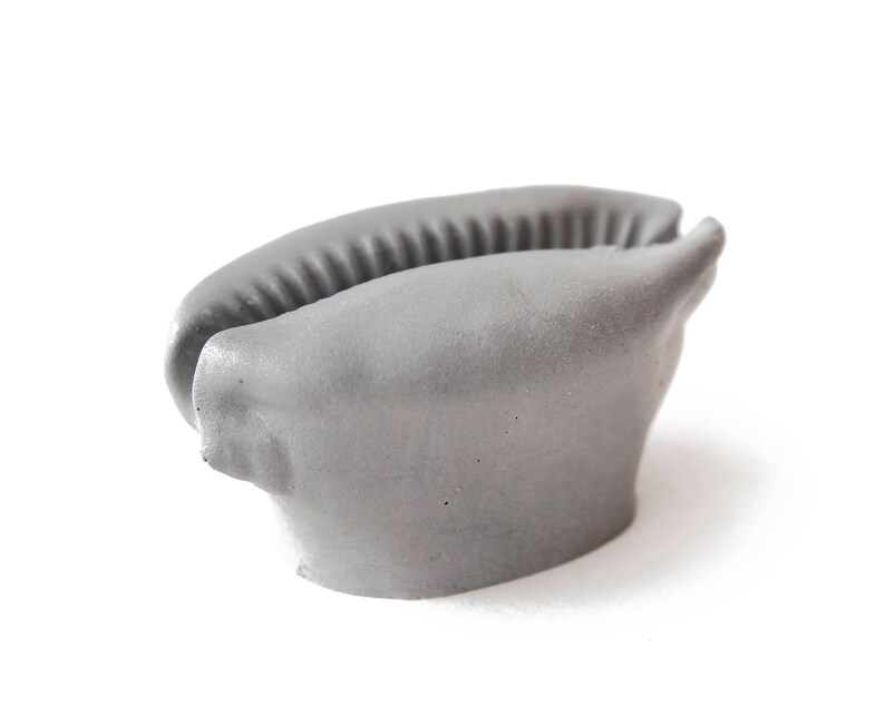 May include: A gray, smooth, and slightly textured seashell with a rounded shape. The shell is open on one side, revealing the inside.