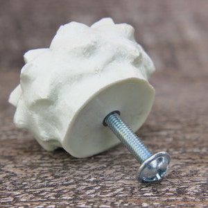 May include: White ceramic cabinet knob with a textured, floral design. The knob has a silver screw.