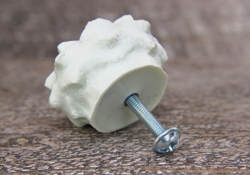 May include: White ceramic cabinet knob with a textured, floral design. The knob has a silver screw.