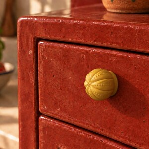 May include: A glossy, deep red cabinet drawer featuring a single, round, mustard yellow knob. The knob has a textured, ribbed surface with small, raised dots along the ridges, contrasting against the smooth, speckled finish of the red drawer front.