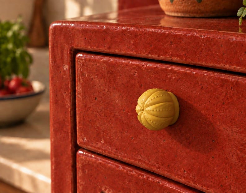 May include: A glossy, deep red cabinet drawer featuring a single, round, mustard yellow knob. The knob has a textured, ribbed surface with small, raised dots along the ridges, contrasting against the smooth, speckled finish of the red drawer front.