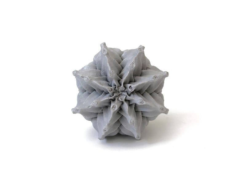 May include: A light gray, spherical object with a complex, repeating geometric pattern of pointed, star-like protrusions. The surface has a matte, textured finish, and the structure radiates outward from a central point in a symmetrical design.