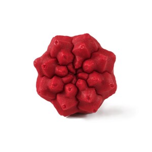May include: A bright red, multi-faceted geometric object with a complex, repeating star-like pattern. The surface features a textured, granular finish with numerous pointed protrusions radiating from the centre in a symmetrical, radial arrangement.
