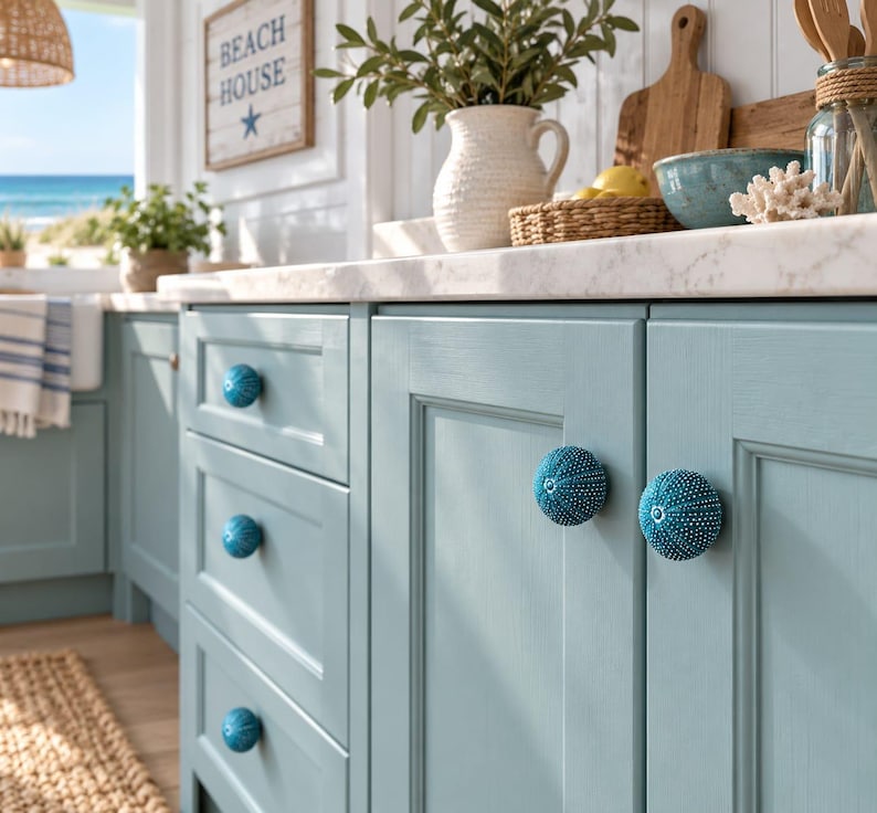 May include: Light blue kitchen cabinetry featuring round, textured sea urchin-shaped knobs in a matching blue hue. The cabinet doors and drawers have a classic recessed panel design, providing a clean and structured look to the kitchen storage units.