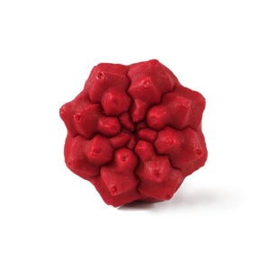 May include: A bright red, multi-faceted geometric object with a complex, repeating star-like pattern. The surface features a textured, granular finish with numerous pointed protrusions radiating from the center in a symmetrical, radial arrangement.