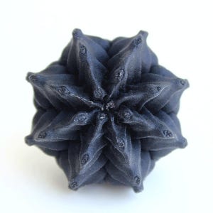 May include: A dark navy blue, multi-pointed star-shaped object with a complex, folded geometric structure. The surface features numerous sharp, symmetrical peaks radiating from the center, creating a dense, layered, and textured appearance.