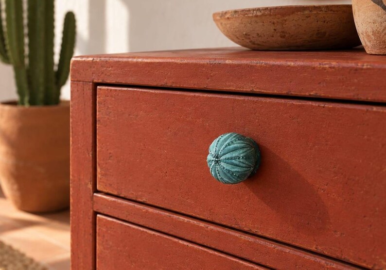 May include: A terracotta-coloured wooden drawer unit featuring a round, teal-coloured cabinet knob with a textured, ribbed surface resembling a sea urchin. The drawer unit has a matte finish and is positioned next to a potted cactus and a bowl.