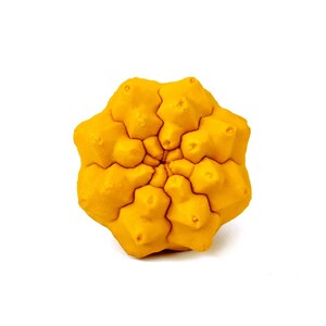 May include: A bright yellow, multi-faceted geometric object with a complex, repeating star-like pattern. The surface features numerous small, raised protrusions and deep, intersecting grooves that radiate from the center outward.