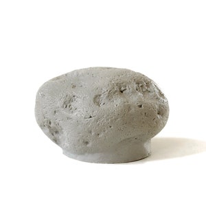 May include: A gray, irregularly shaped, textured rock with a smooth, rounded bottom.