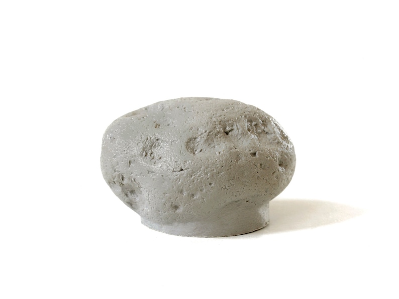 May include: A gray, irregularly shaped, textured rock with a smooth, rounded bottom.