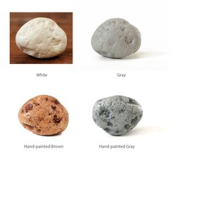 May include: Four smooth, round stones in different colors: white, gray, brown, and hand-painted gray. The stones are all about the same size and shape.
