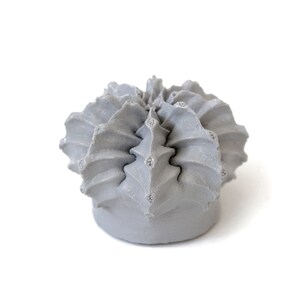 Pode incluir: Uma escultura de cacto de cer&acirc;mica cinza com um design espiral &uacute;nico. O cacto &eacute; pequeno e compacto, com uma forma arredondada.